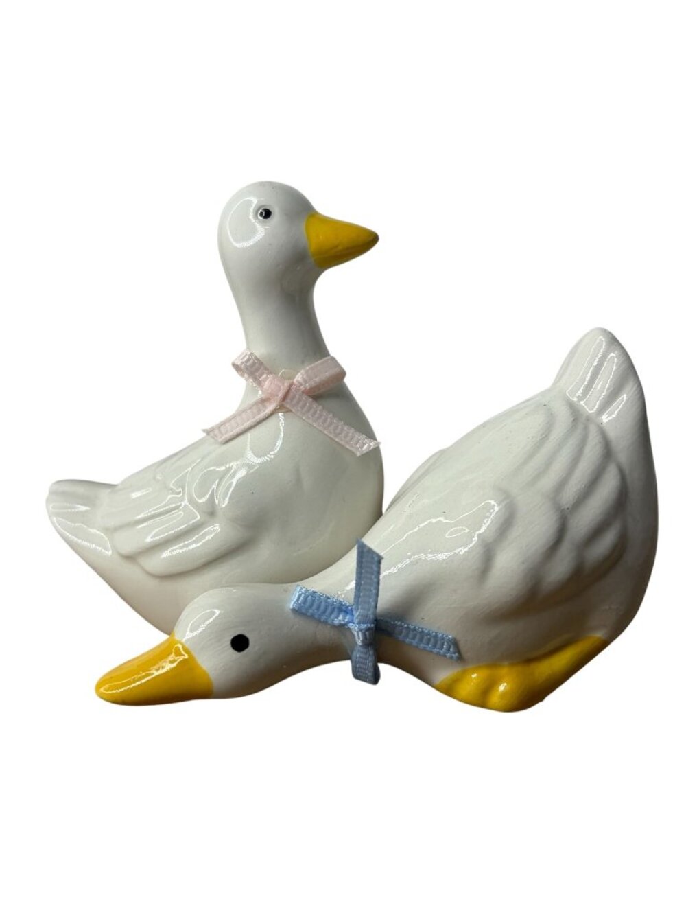 Vintage Porcelain Goose Figurines White Pair With Blue Ribbons Cute Cottage Deco